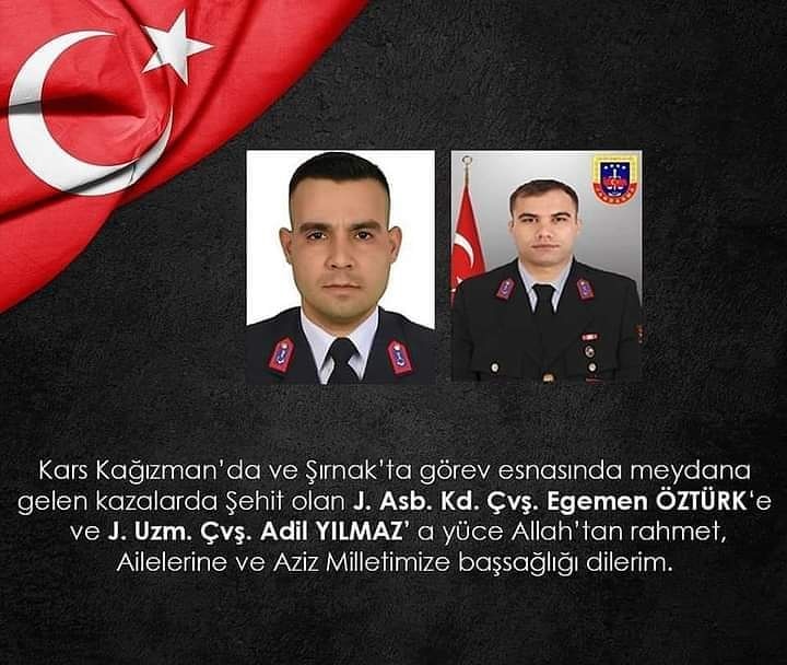 Kars Kağızman’da ve Şırnak’ta görev esnasında meydana gelen kazalarda Şehit olan J. Asb. Kd. Çvş. Egemen ÖZTÜRK‘e ve J. Uzm. Çvş. Adil YILMAZ’ a yüce Allah’tan rahmet, Ailelerine ve Aziz Milletimize başsağlığı dileriz. Başımız sağolmasın Evlatlarımız sağolsun yeter artık 😭😭😭😭