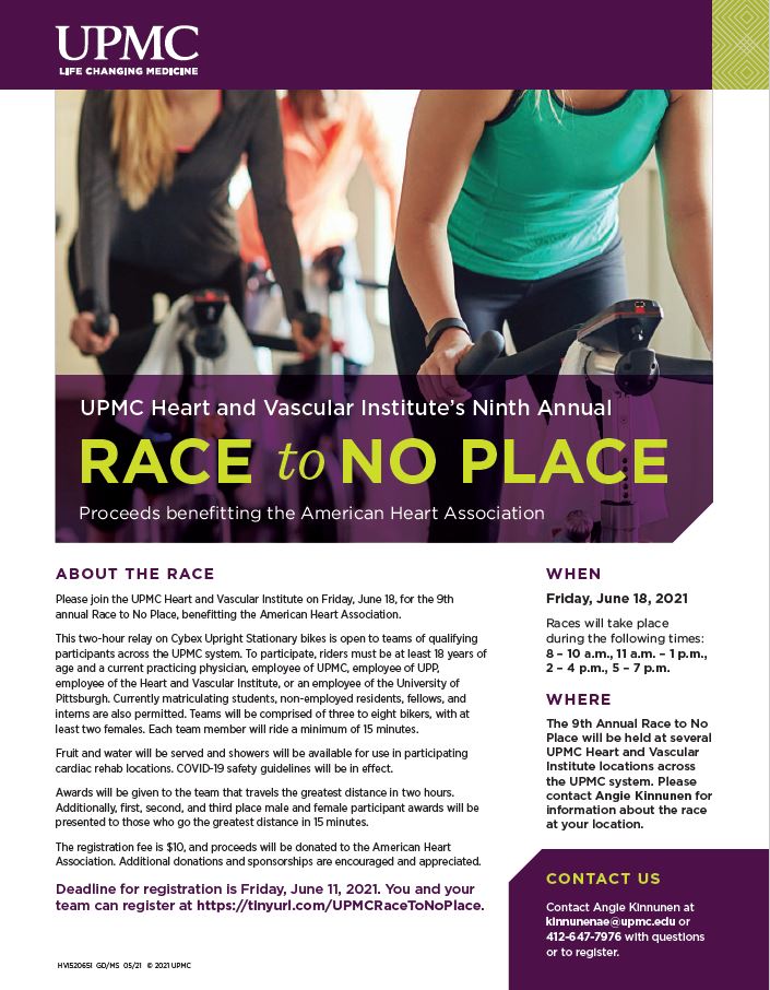 UPMC Heart and Vascular Institute (@hviupmc) on Twitter photo Friday, June 18, 2021: Race to No Place at UPMC Presbyterian, Shadyside, Passavant, <a href="/ChildrensPgh/">UPMC Children's Hospital of Pittsburgh</a>, Williamsport benefitting <a href="/American_Heart/">American Heart Association</a>!!! DM for more details or to enter your team! @KBerlacher <a href="/MikeMathier/">Michael Mathier</a> <a href="/PittCardiology/">Pitt Cardiology</a> <a href="/PittVMI/">Vascular Medicine Institute</a> <a href="/PittMedStudents/">Student Affairs & Diversity Programs</a> <a href="/PittTweet/">University of Pittsburgh</a> <a href="/UPMC/">UPMC</a> Friday, June 18, 2021: Race to No Place at UPMC Presbyterian, Shadyside, Passavant, <a href="/ChildrensPgh/">UPMC Children's Hospital of Pittsburgh</a>, Williamsport benefitting <a href="/American_Heart/">American Heart Association</a>!!! DM for more details or to enter your team! @KBerlacher <a href="/MikeMathier/">Michael Mathier</a> <a href="/PittCardiology/">Pitt Cardiology</a> <a href="/PittVMI/">Vascular Medicine Institute</a> <a href="/PittMedStudents/">Student Affairs & Diversity Programs</a> <a href="/PittTweet/">University of Pittsburgh</a> <a href="/UPMC/">UPMC</a>