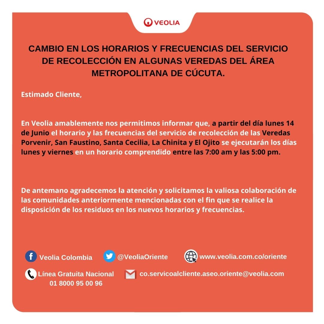VeoliaOriente's tweet photo. Informamos el nuevo horario y frecuencia del servicio de recolección en las Veredas Porvenir, San Faustino, Santa Cecilia, La Chinita y El Ojito #RenovandoElMundo. https://t.co/lFIBMHGZvZ