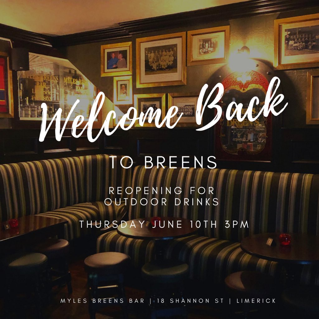 Breens will be reopening for outdoor drinks tomorrow Thursday 10th June. We’ll be open Thursday - Sunday from 3pm. Looking forward to seeing everyone again over the coming weeks 🍻  #MylesBreens @VFIpubs
