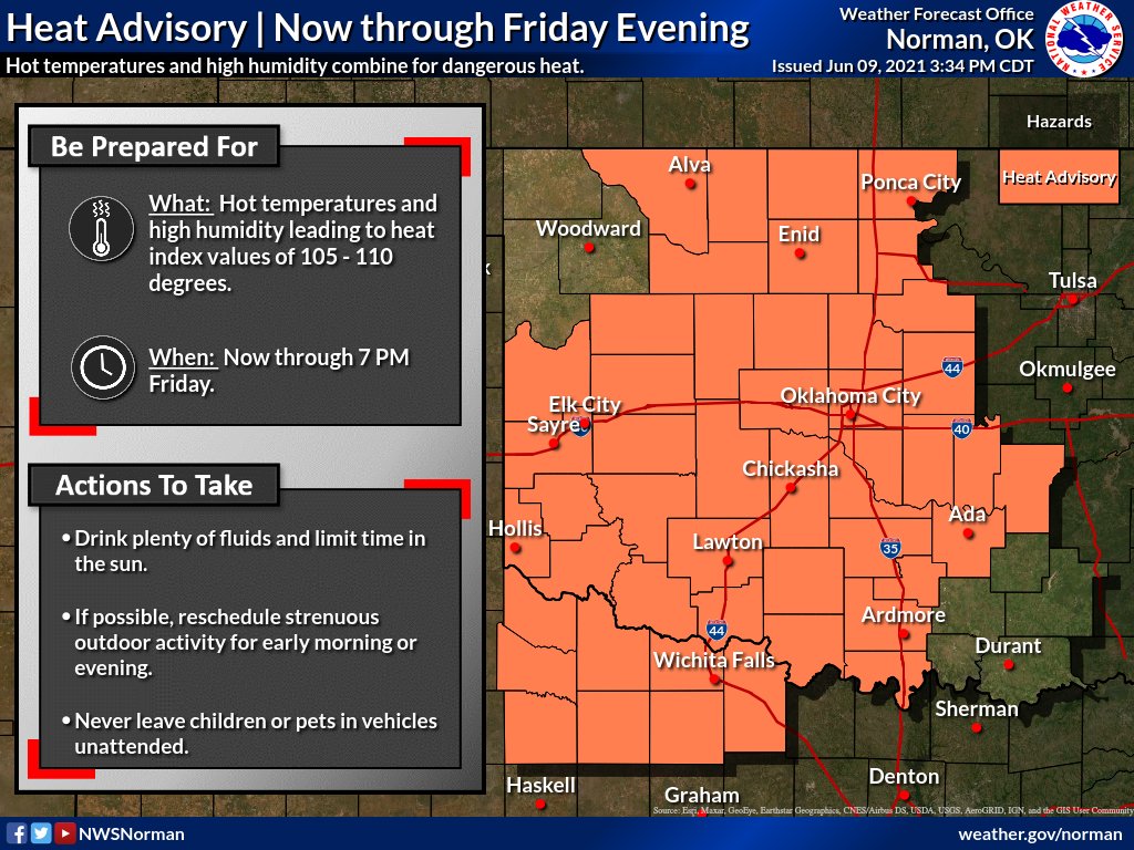 NWSNorman's tweet photo. Hot temperatures are expected to continue through the end of the week! 

A Heat Advisory is in effect through Friday evening as heat index values of 105-110 degrees are expected. Be sure to drink plenty of water and take steps to stay cool if you're outside! #okwx #texomawx https://t.co/fXzOxpRbbY