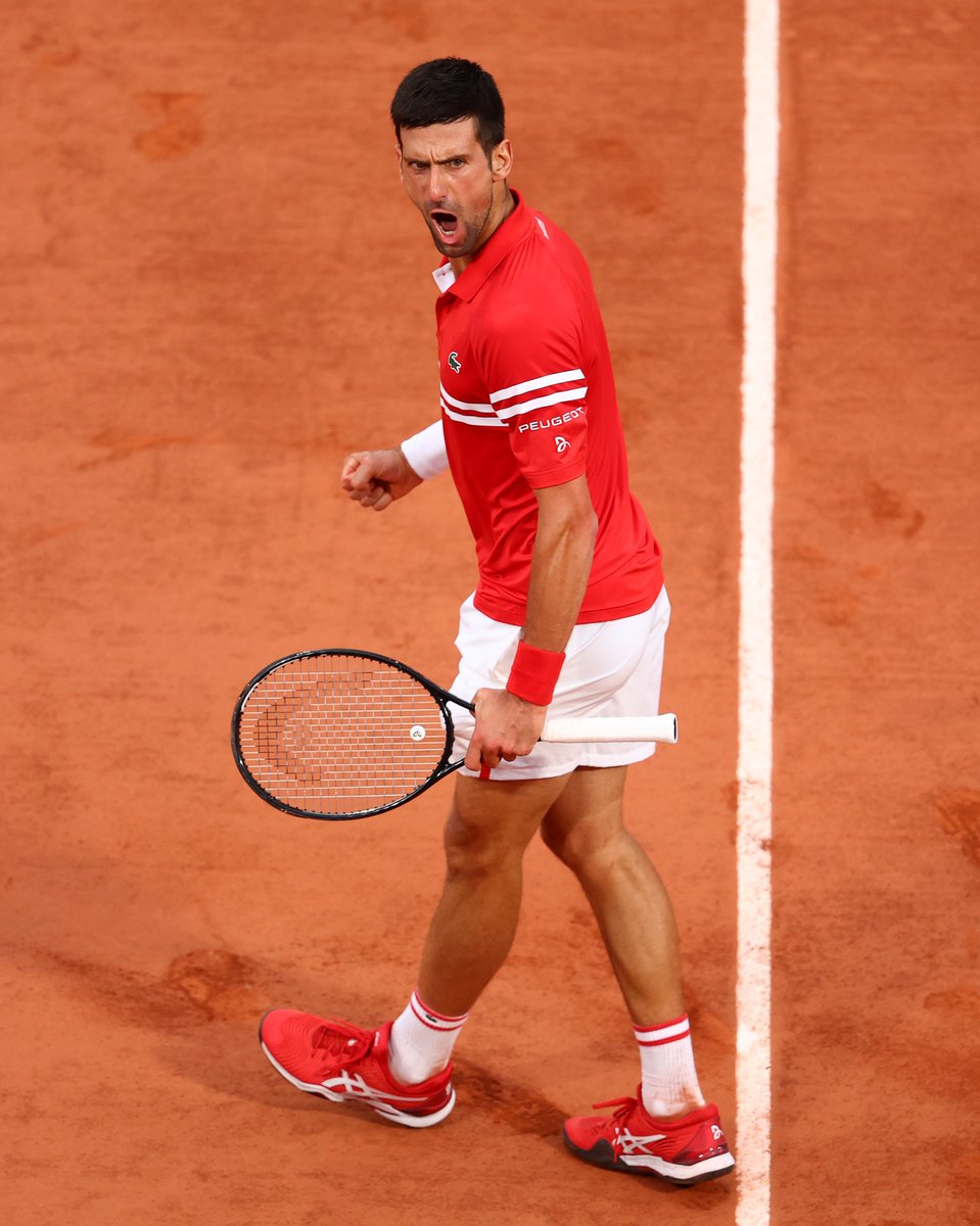 Novak Djokovic of Serbia reacts during his Mens Singles Quarter-Final match against Matteo Berrettini of Italy during Day Eleven of the 2021 French Open at Roland Garros on June 09, 2021 in Paris, France.
