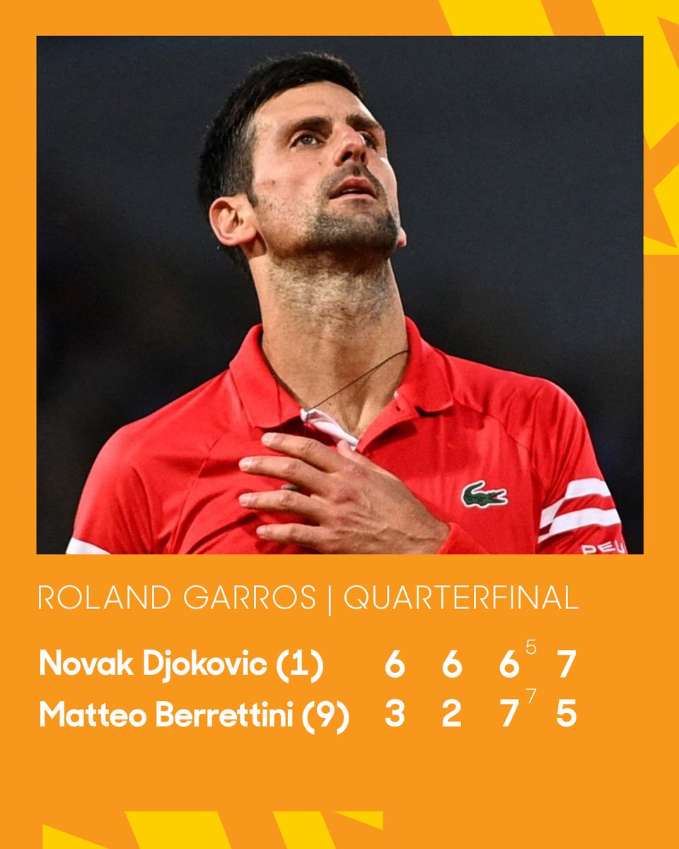 Novak Djokovic of Serbia reacts during his Mens Singles Quarter-Final match against Matteo Berrettini of Italy during Day Eleven of the 2021 French Open at Roland Garros on June 09, 2021 in Paris, France.