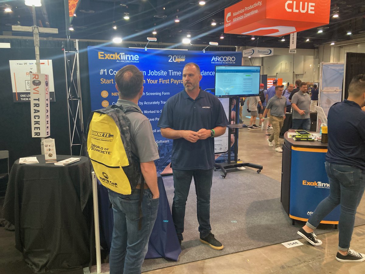 arcorohr's tweet photo. Have you stopped by our booth at @WorldofConcrete? Drop by Booth N1548 to get access to our show special on the #1 Time Tracking Solution for #construction, ExakTime. Don't wait, the show ends tomorrow! #WOC2021 #ExakTime #HRTech #HR https://t.co/kg2NXNp95k