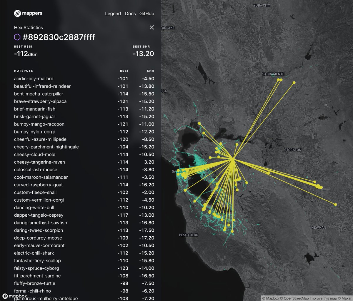 amirhaleem's tweet photo. the new @helium mappers UI that is launching soon is 🔥 you can now see which Hotspots heard the GPS tracker and the signal strength of each. works pretty well on top of a mountain as we can see https://t.co/JXS0cpInVL