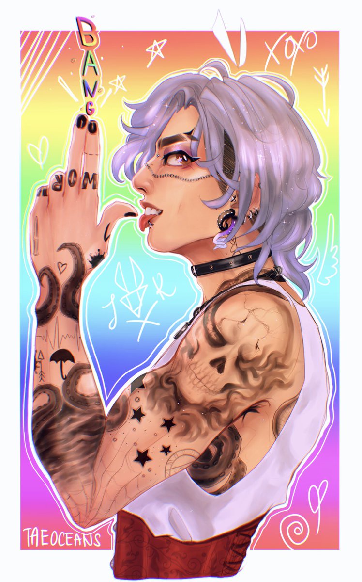 taeoceans's tweet photo. jk has come out of his songwriting cave to wish you all a happy pride!🏳️‍🌈

(he also got something new, can you see what it is?👀)
#btsfanart #jungkook #jk #bellspunkbandau #warofwings https://t.co/m7e9fqpTYP