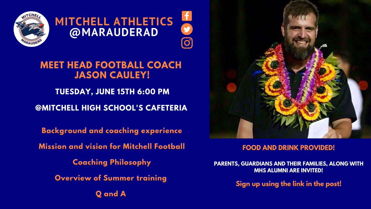 Come meet our new head football coach <a href="/CoachJCauley/">Jason Cauley</a> on Tuesday, June 15th, at 6:00 pm in Mitchell High School's Cafeteria! You can use this link to reserve your spot:  forms.office.com/r/RTkSi6zkET

Go Marauders! #AirRaid 

<a href="/MitchellMaraud2/">Mitchell Marauders Football</a> <a href="/D11Athletics/">D11 Athletics</a>