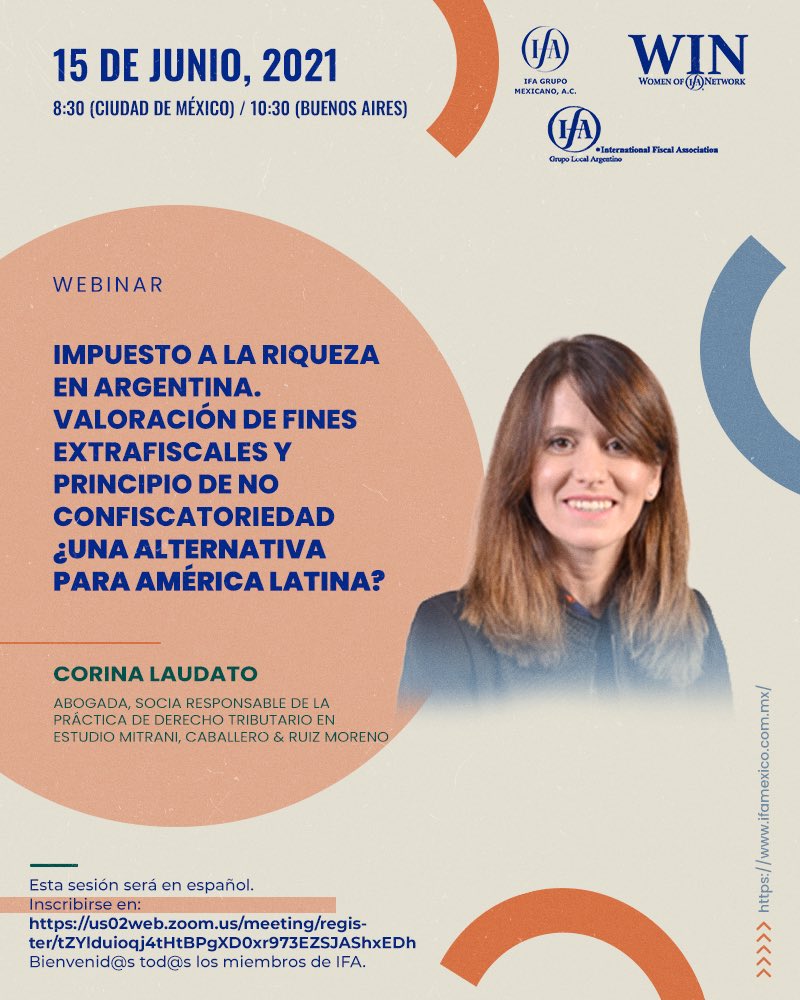 Asociación Argentina de Estudios Fiscales (@aaefoficial) on Twitter photo Invitamos a todos los miembros de la @AAEF1953 y de <a href="/GlobalIFA/">International Fiscal Association</a> a participar del Webinar sobre Impuesto a la Riqueza en Argentina, coordinado por <a href="/WIN_IFA_Mx/">Women of IFA México</a> y WIN Argentina
🔜 15/06, 10.30 am
❗️Inscripción: bit.ly/3xdqAcP
👩🏻💻Exposición de Corina Laudato.
<a href="/ifa_women/">Women of IFA Network</a> Invitamos a todos los miembros de la @AAEF1953 y de <a href="/GlobalIFA/">International Fiscal Association</a> a participar del Webinar sobre Impuesto a la Riqueza en Argentina, coordinado por <a href="/WIN_IFA_Mx/">Women of IFA México</a> y WIN Argentina
🔜 15/06, 10.30 am
❗️Inscripción: bit.ly/3xdqAcP
👩🏻💻Exposición de Corina Laudato.
<a href="/ifa_women/">Women of IFA Network</a>