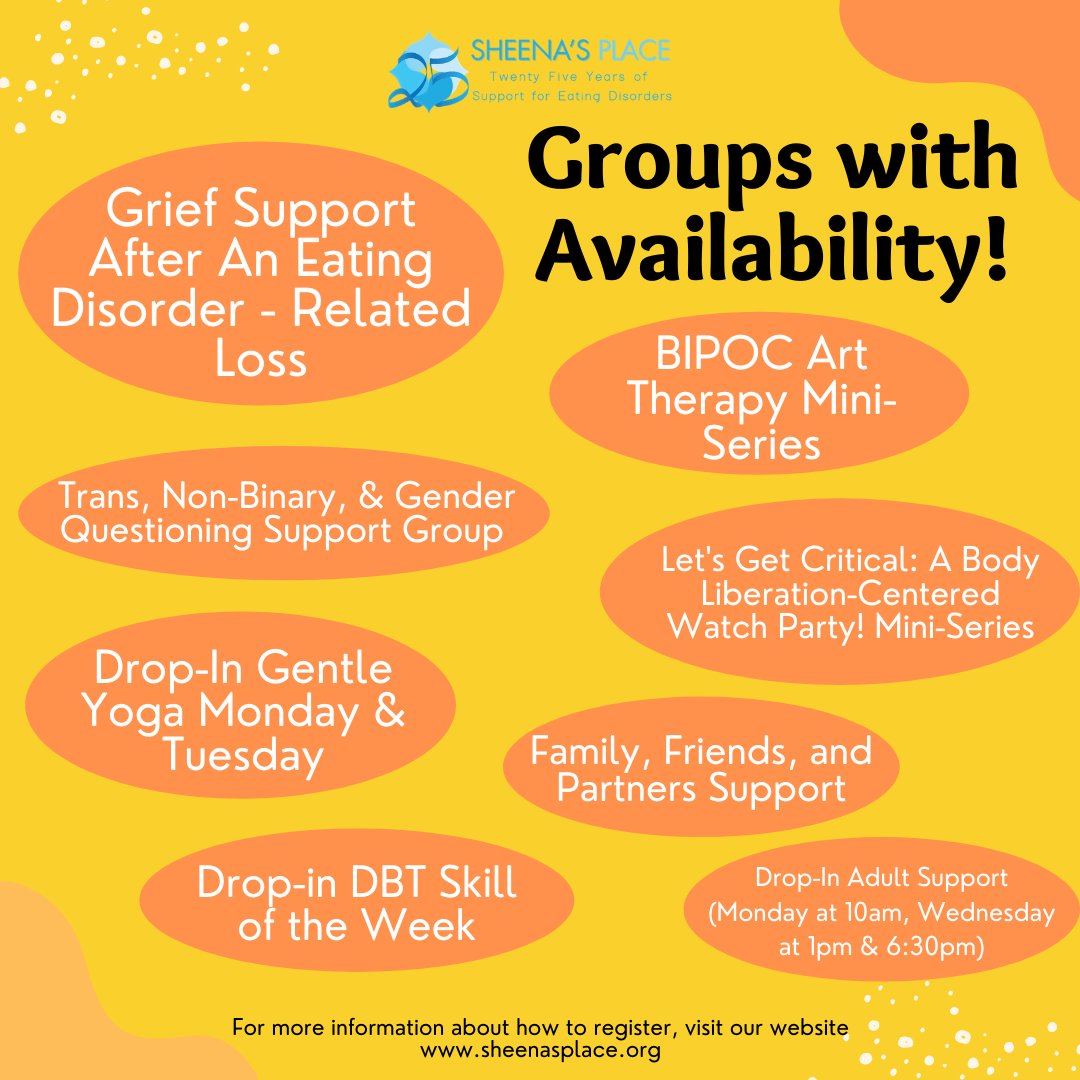 sheenasplace's tweet photo. Groups have filled up fast, but there are still a few groups with spots left! Visit our website for more information.

#ed #edsupport #toronto #ontario #canada #groups #supportgroups #availability #mentalhealth #grief #bodyinclusive https://t.co/tKzr6ABA2p