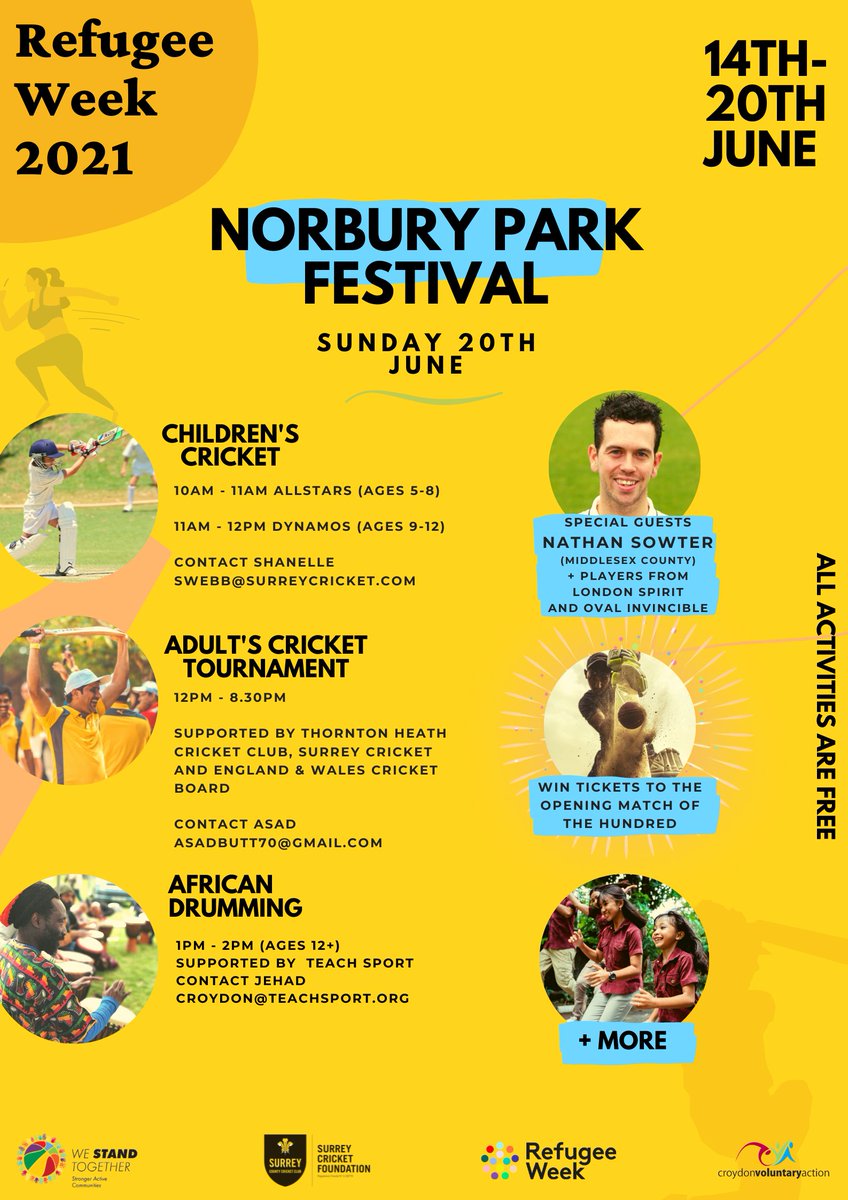 We are back with cricket in Croydon on the 20th of June in Norbury Park on World Refugee Day! Proud to be working with <a href="/ECB_cricket/">England and Wales Cricket Board</a> <a href="/SurreyCricketFd/">Surrey Cricket Foundation</a> as well as <a href="/CroydonVA/">CroydonVA</a> on this great cause Please RT <a href="/yourcroydon/">Your Croydon</a> <a href="/InsideCroydon/">Inside Croydon</a> @Norburyparkra <a href="/LoveNorburySW16/">Love Norbury</a> <a href="/CroydonNbrhoods/">CCC</a>