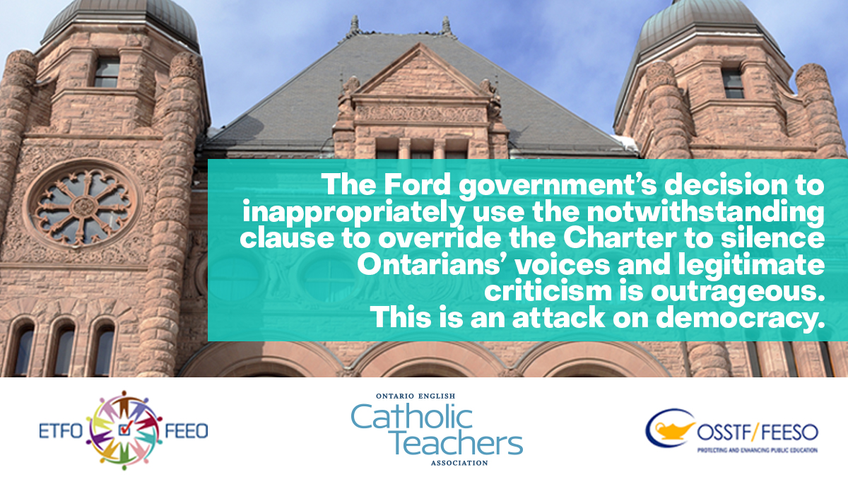 OECTAProv's tweet photo. The Ford govt’s willingness to use the notwithstanding clause to trample on Ontarians’ Charter rights to ensure their own survival is outrageous and should concern everyone. We will not be muted!

Read the full statement from #OECTA, #ETFO, &amp; #OSSTF here: https://t.co/393hq2Sc2m. https://t.co/wu62bbPQM6