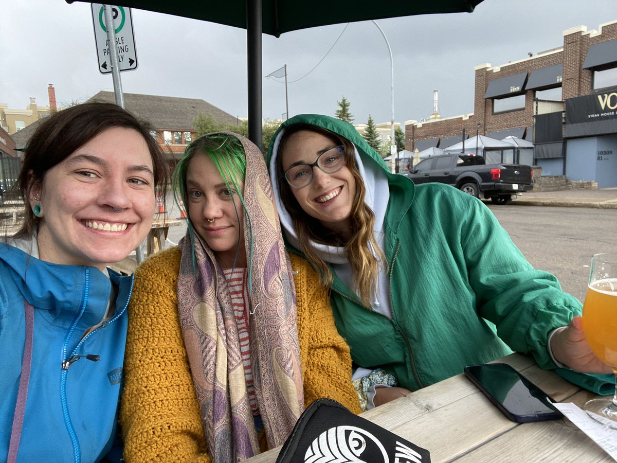 Maryssse's tweet photo. Summer in YEG! They shut the patio down at 6:00 because of the rain. We made the best of it, wearing bright colours to lift the mood. #yeg #summerinyeg #situationbrewing #edmonton https://t.co/Lj7KsVQ3Wl