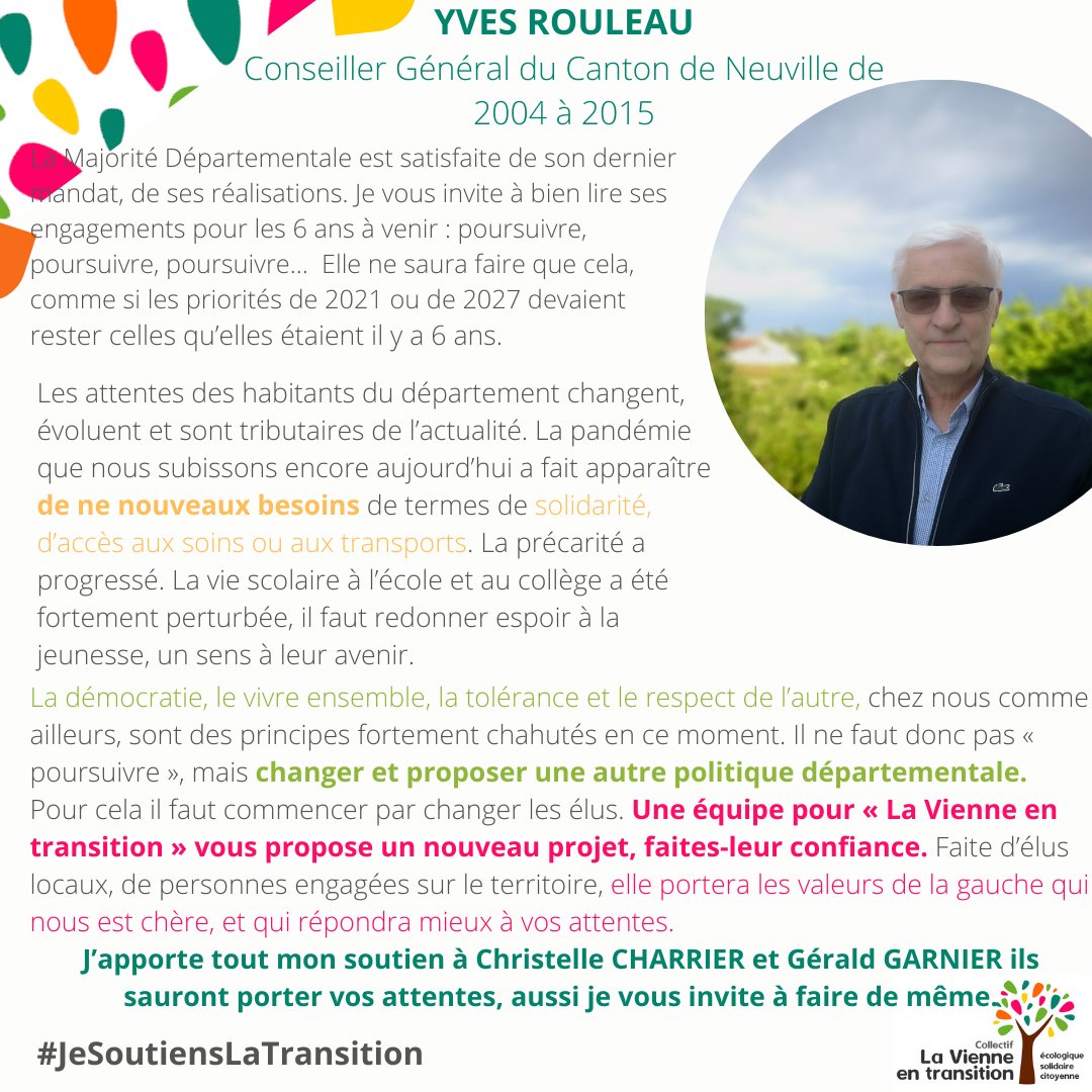 LVETmigne's tweet photo. 🙌 Aujourd'hui, nous vous retrouvons pour présenter un nouveau soutien : Yves Rouleau ! 

➡ Comme lui, soutenez la transition ! 

#departementales2021
#Jesoutienslatransition https://t.co/wuz2oK3Q6n