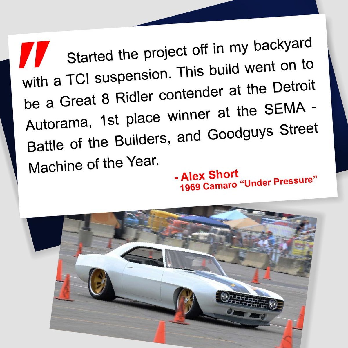 TCI_Engineering's tweet image. Alex Short's '69 Camaro is nothing short of a showstopper—agility, drivetrain and performance at its utmost finest. 🏆 loom.ly/_0l3Ls8

Equipped with TCI:
-  Pro-touring front clip
- Subframe connectors 
- Modified torque arm suspension. 

#tci #chevycamaro #showcar