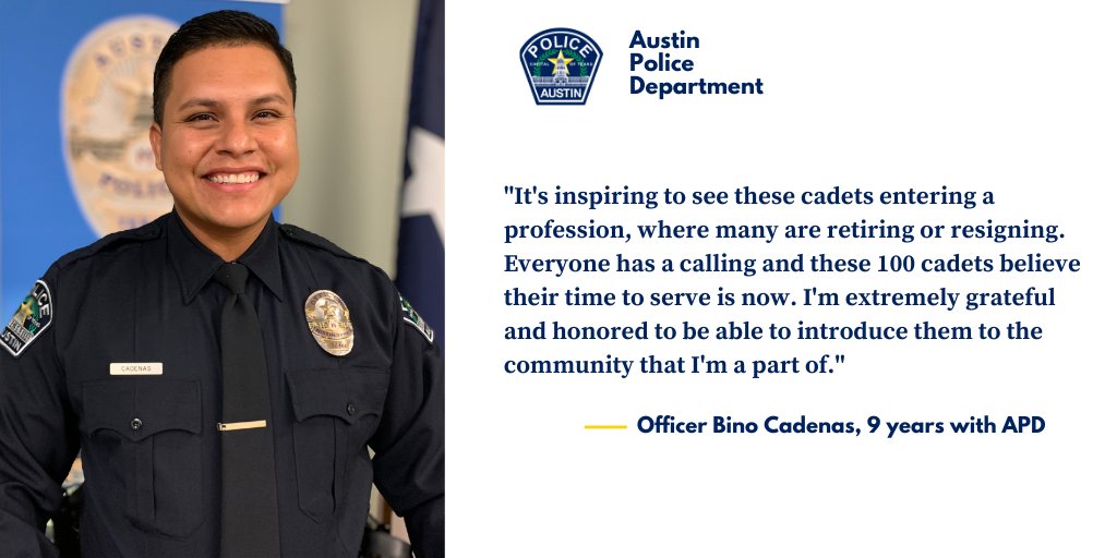 Austin_Police's tweet photo. APD's Reimagined 144th Cadet Class is underway. Officer Bino Cadenas says he's excited to introduce these 100 cadets to our Austin community. #OneAustinSaferTogether @JoinAPD https://t.co/ubNrCQtuLk