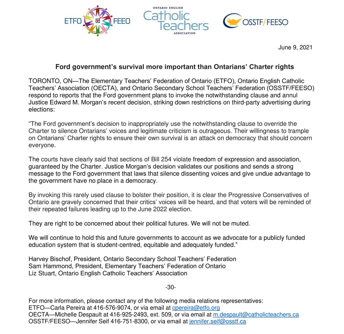 osstf's tweet photo. For Immediate Release - Ford government’s survival more important than Ontarians’ Charter rights

"They [Ford government] are right to be concerned about their political futures. We will not be muted."

#ETFO #OECTA #OSSTF #FEESO #OnLab #OnPoli #Solidarity https://t.co/HinFIPLlng
