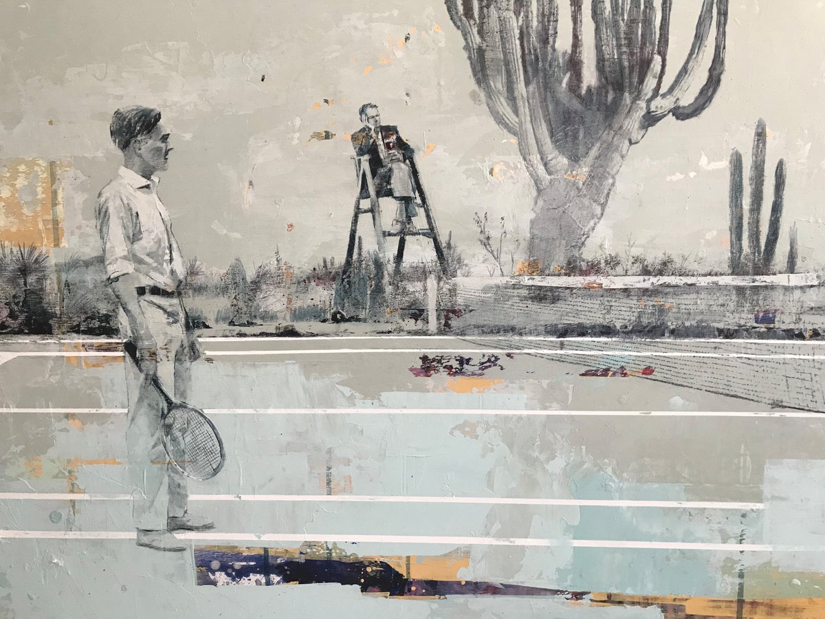 GaleriaMilitar's tweet photo. "Matchpoint" Detail 48x48" Acrylic, Mixed Media by Mark Gabriel. #tennis #méxicoarte #todossantos #mexico #artgallery #galeria #exhibition #contemporaryart #slimaarons #desert #arte #modernart #painting #artsales #artmagazine #markgabriel #jetset #retro #galeriamilitar https://t.co/q5U0BORMpa