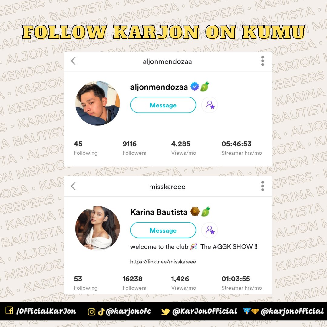 KarJonOfficial's tweet photo. Follow #KarJon's Official KUMU account. Download the app now sa mga di pa nakapagdownload!๐
You can also follow us on kumu @/karjonofficial
@MissKareee @AljonMendoza_
#KarJon #KarinaBautista #AljonMendoza #RiseArtistsStudio #RISExStarMagic
https://t.co/etHDEVTjOf https://t.co/buIe64EnXc