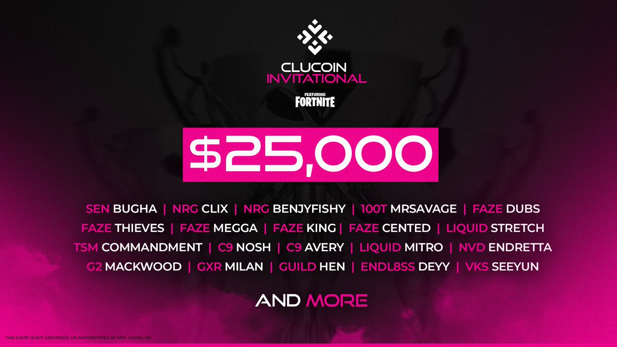CluCoin's tweet photo. JOIN US SATURDAY AT 1:00PM ET FOR OUR 25K CLUCOIN INVITATIONAL FEATURING FORTNITE!

Event will include:
 -Professional Casters
 -Best players in the world
 -Airdrops (CLU Holder)
 -Commemorative NFT (CLU Holder)
 -Cash giveaways (everyone)

WATCH LIVE AT https://t.co/7Qyezf4rR3 https://t.co/kgZ6NmB6Hm