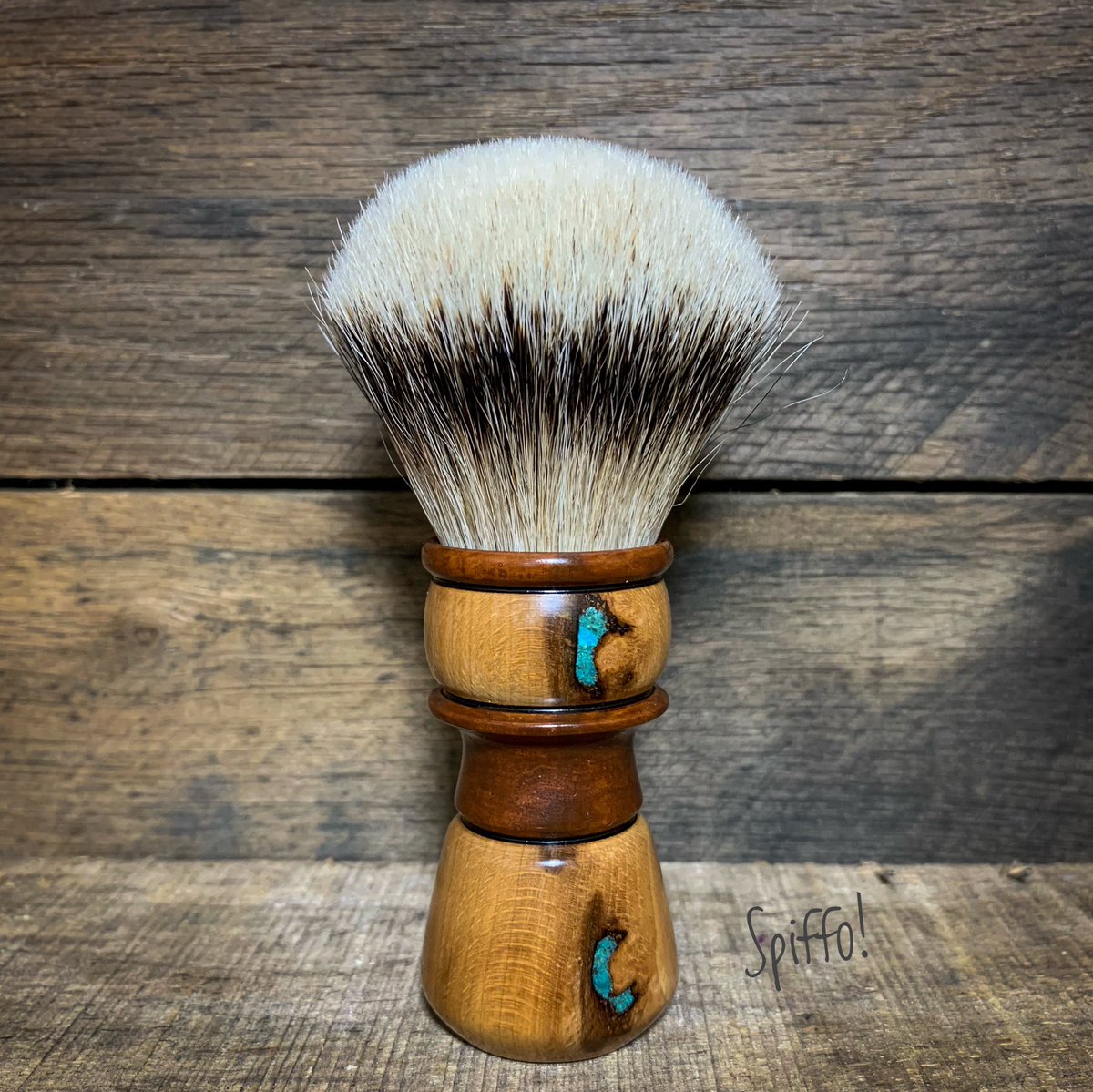 It's Hinoon! This Beech wood shaving brush features brown accents, strikingly beautiful turquoise stone inlays and a High Mountain White knot. Check it out at spiffo.com 😎 #shavingbrushes #shavingbrush #spiffo #spiffoman #shaving #wetshaving #halifax #novascotia