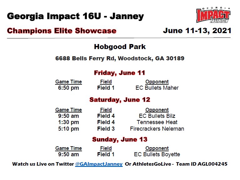 GAImpactJanney's tweet photo. Updated schedule for our team for Champions @CFPAShowcases this weekend https://t.co/iAgm0Qvqiw