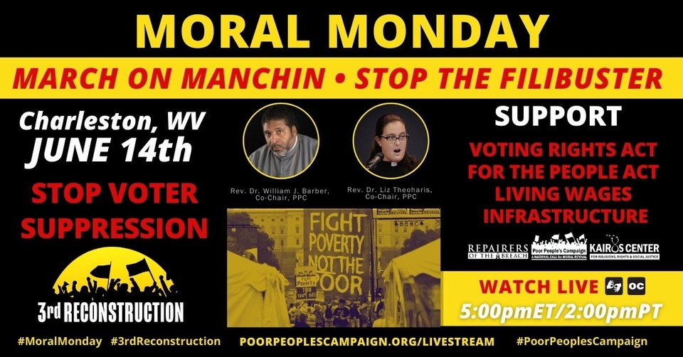 RSVP now and let us know you're coming to join us in Charleston, WV, on #MoralMonday 6/14 at 5pm ET for a nonviolent Moral March on Manchin!

RSVP now: actionnetwork.org/events/moral-m…