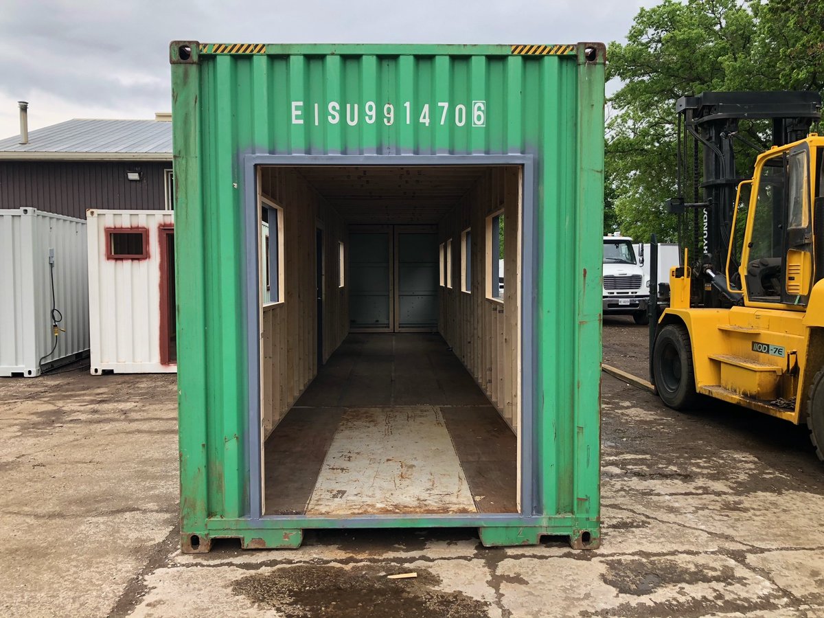 TargetBoxCA's tweet photo. The early phases of a container being turned into a bunky cottage! Featuring 7 large windows, a patio door, and an interior package. Stay tuned for the final unit! https://t.co/iGDv4xcYEX