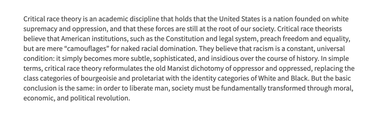 The political left has adopted the silly argument that conservatives "don't even know the definition of critical race theory."
Here's a definition from my CRT Briefing Book, a free resource for parents, schools, and policymakers: https://t.co/xBLjQflo3J https://t.co/IaGbx1xPCA