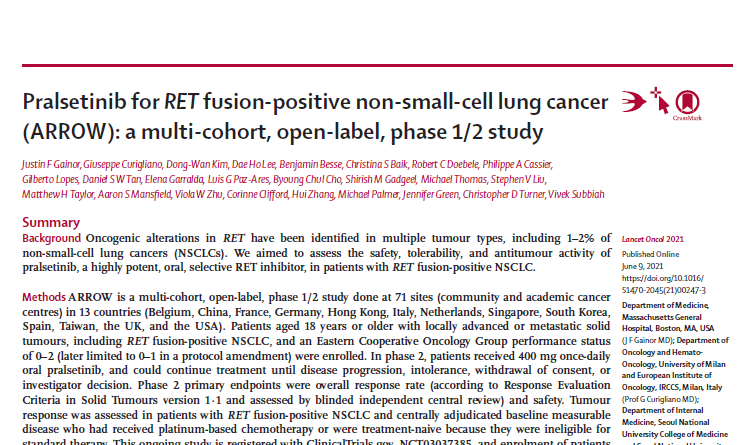 🚨🥁🥁🥁Huge win for RET+ patients. 
So honored to present 2 concurrent publications <a href="/TheLancetOncol/">The Lancet Oncology</a> + <a href="/TheLancetEndo/">The Lancet Diabetes & Endocrinology</a> 👉 Pralsetinib for RET + Lung &amp; Thyroid cancer ARROW trial leading to FDA approval🎯<a href="/ASCO/">ASCO</a> #ASCO21 #LCSM #thycsm   bit.ly/2SpVhNp bit.ly/3goE92q