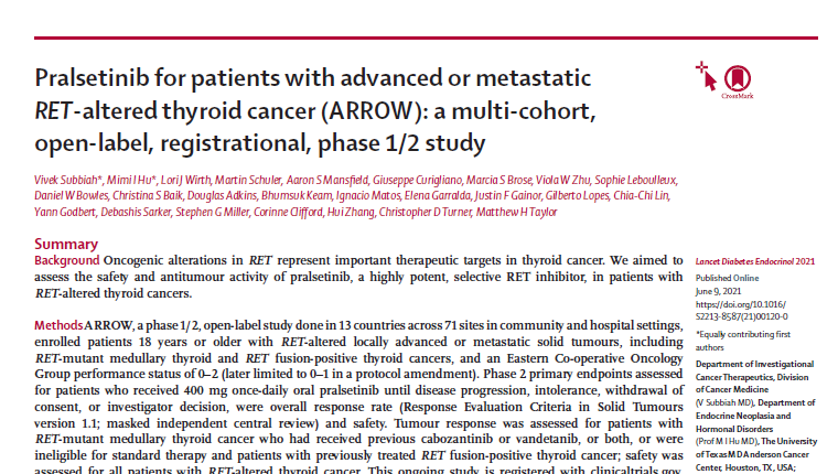 VivekSubbiah's tweet photo. 🚨🥁🥁🥁Huge win for RET+ patients.
So honored to present 2 concurrent publications @TheLancetOncol + @TheLancetEndo 👉 Pralsetinib for RET + Lung & Thyroid cancer ARROW trial leading to FDA approval🎯@ASCO #ASCO21 #LCSM #thycsm https://t.co/Qlagq9GiIP https://t.co/XnBhKF0Vt1 https://t.co/d2sHRbHcV9