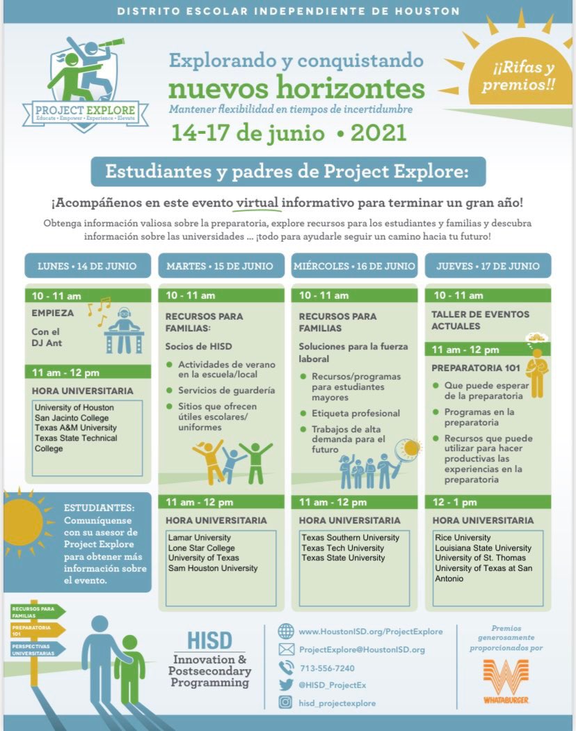 MMAFAHISD's tweet image. Atención @HISD_ProjectEx celebrará su campamento de verano virtual “Exploring &amp;amp; conquering New Horizons” el 14-17 de junio. Revise los pósters para más detalles. Contacte Ms. Sosa para más información #projectExplore #wearemarshall #dreambig @DrQMil