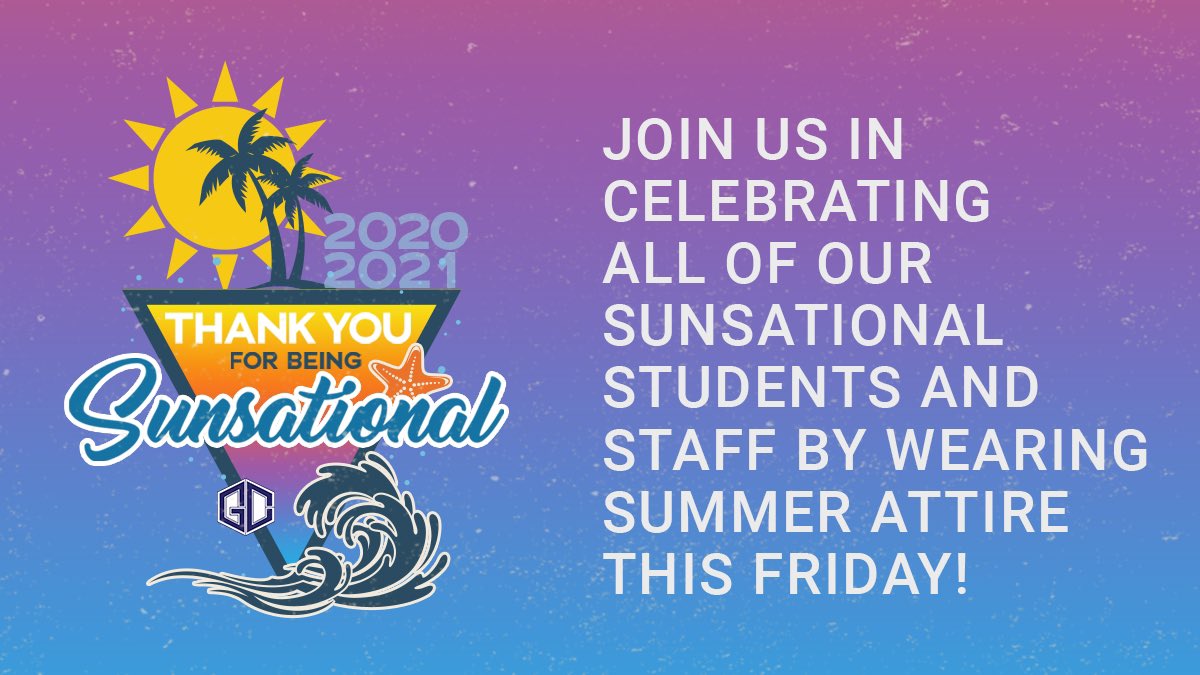 GCCISD's tweet photo. Goose Creek Giants are Sunsational! Thank you for your perseverance and prevailing through this challenging year. Join us in wearing school-appropriate "summer attire" this Friday, June 11th, the last day of school! #gcGIANTS https://t.co/fDWheOWcTL