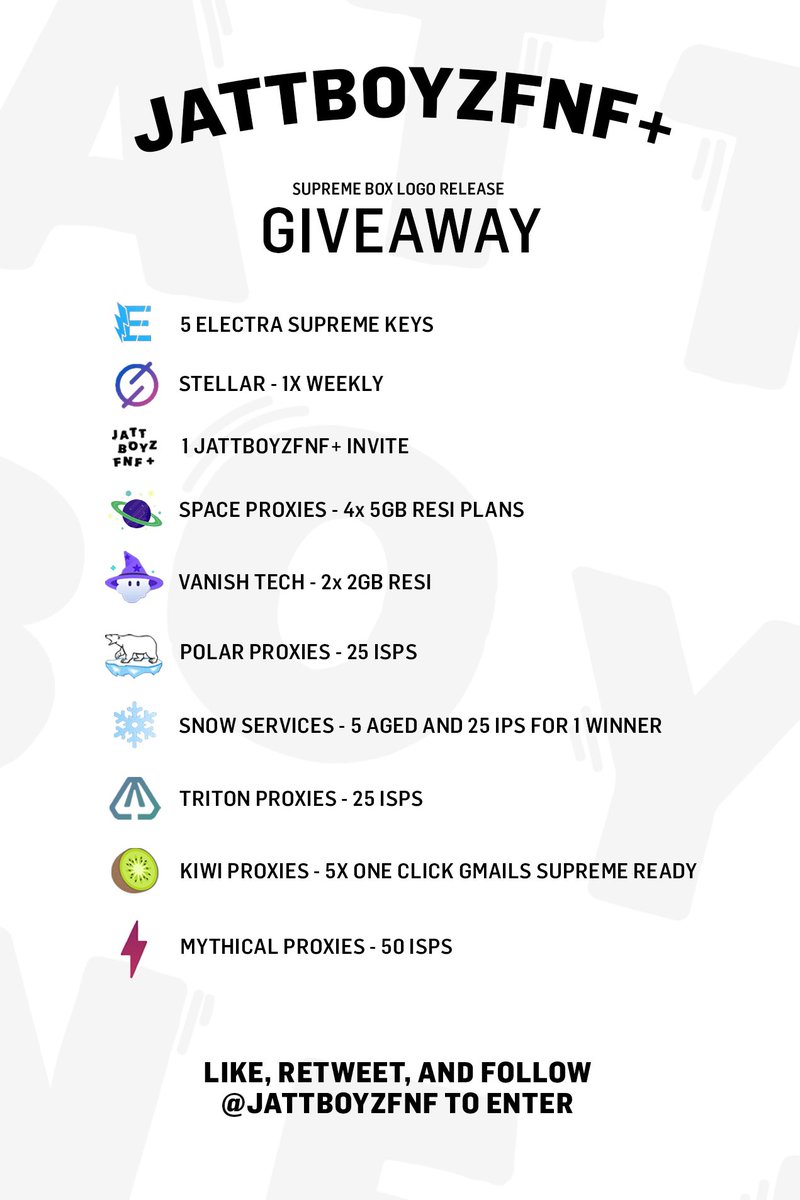 JATTBOYZFNF+: SUPREME BOX LOGO RELEASE GIVEAWAY 🎉

RULES🧑🏽‍⚖️
RETWEET AND LIKE THIS TWEET 🐣 

MUST FOLLOW ⤵️
<a href="/JATTBOYZFNF/">JATTBOYZ</a> 

<a href="/__Tkat__/">❄️</a> 
<a href="/noctrl/">NO CTRL</a> 

@Kufsi__ 
<a href="/stellara_io/">Stellar AIO</a> 

<a href="/SpaceProxies/">Space Proxies</a> 
<a href="/VanishTech/">VanishTech</a> 
@PolarProxies_ 
<a href="/SnowResources/">Snow Services</a> 
@TritonProxies 
<a href="/KiwiProxies/">KiwiProxies</a> 
<a href="/MythicalProxies/">Mythical Proxies</a>