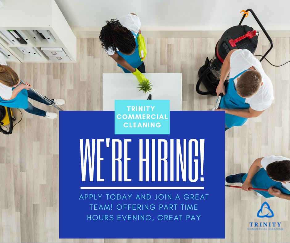 TrinityComClean's tweet image. Are you looking for a fun, part-time job, working side by side with great people? 
Trinity Commercial Cleaning is looking for new team members to make our amazing team even better. 
Apply today! indeed.com/.../office-cle…...