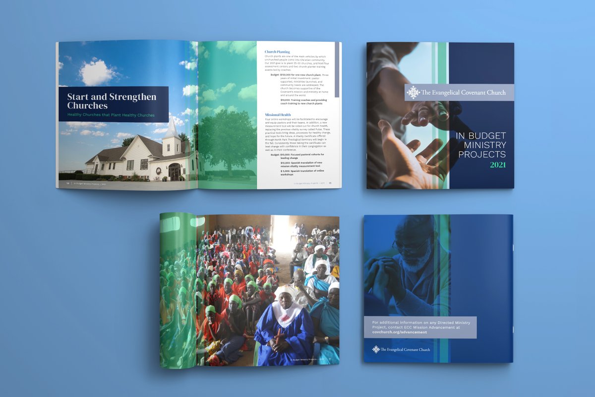 LisaCainDesign's tweet photo. I'm all about interesting shapes and my fav brochure size is  square. I designed this brochure for the Evangelical Covenant Church. The square format compliments the denomination's beautiful photography and color palette which is dominant throughout the layout. #graphicdesigner https://t.co/KclbudtD0Z