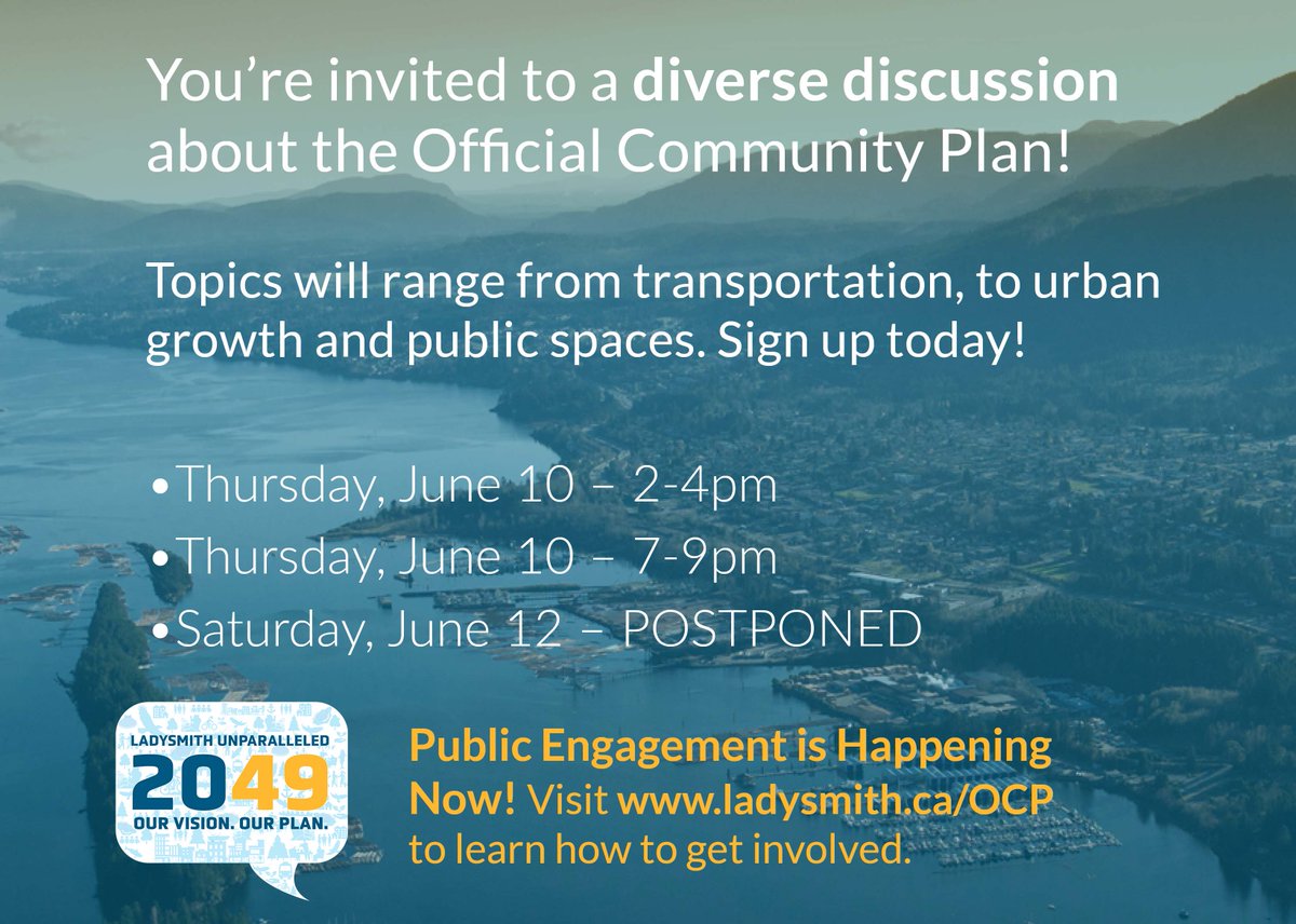TownOfLadysmith's tweet photo. LAST CHANCE TO REGISTER! 

We're looking forward to an inclusive community discussion tomorrow as we get rolling with public engagement for the Official Community Plan review! 

Sign up today, make your voice heard and help shape the future of Ladysmith. 

https://t.co/ViuZk2P4Ls https://t.co/f99kgFFOA6