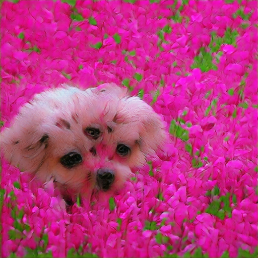 SimonGColton's tweet image. Dogs are still sneaking into my #CLIP-guided #BigGAN output. Often when they're mutilated, they can be depressingly ugly. But this one is a real cutey! (The prompt was: "beautiful pink flowers", in preparation for a new #GANlapse piece...) 

#CreativeAI #GANArt #GenerativeArt