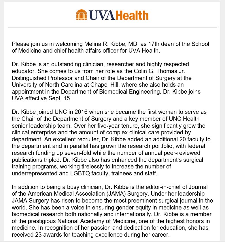 A huge congratulations to Dr Melina Kibbe <a href="/kibbemr/">Melina Kibbe</a> on being named DEAN at UVA.  I am lucky to have benefited from her mentorship.  She is a true superstar.