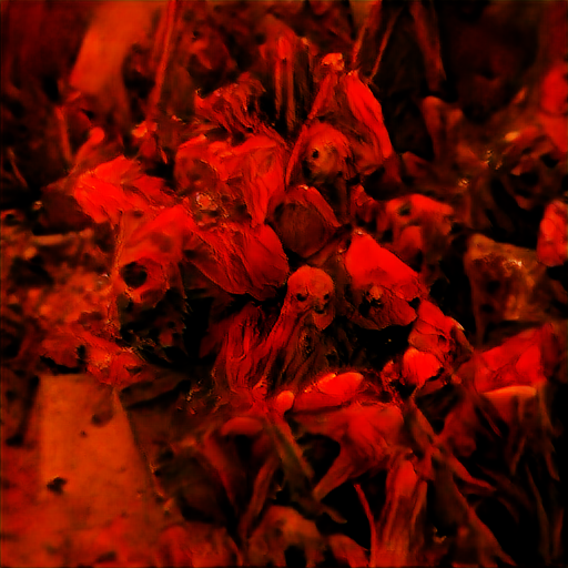 SimonGColton's tweet image. This output for the prompt "dead red flowers" really stopped me in my tracks. #CLIP has guided #BigGAN to produce an image of the ninth circle of hell! Abandon all hope, ye who enter here. Enough #ScaryShit for one night. #CreativeAI #ComputationalCreativity