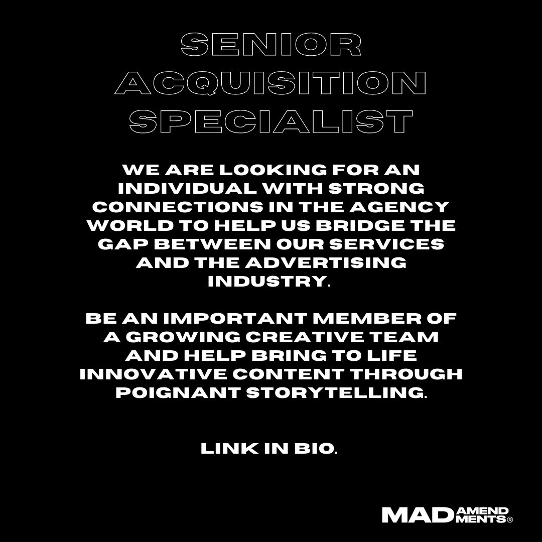 madamendments's tweet photo. Mad Amendments is expanding! As we grow into our next phase we are looking to hire a Senior Client Acquisition Specialist to identify and develop business partnerships with us. BIPOC candidates encouraged. Spread the word! https://t.co/kcEl2pZHQC 
#torontojobs #yyzjobs https://t.co/Z87LGuHfG8