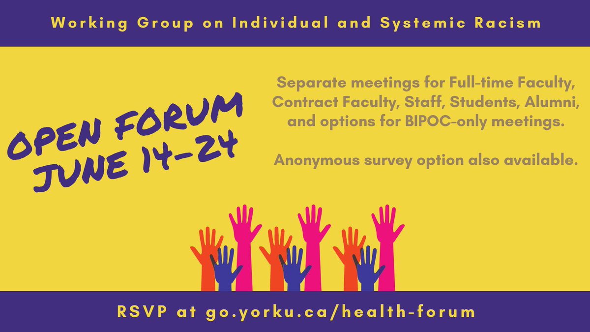Faculty, staff, students and alumni! Come share your experiences and recommendations for improving the Faculty of Health! RSVP to attend one of our open sessions here; BIPOC only spaces also available! bit.ly/3pEbWsF