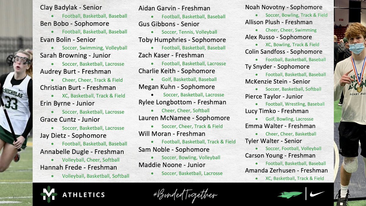 McNicholas Athletics firmly believes in the multi-sport athlete. Our programs thrive on the dedication, commitment, and sacrifices it takes for those who play more than one sport. 
Thank you to our athletes who participated in 3 different seasons!

#BondedTogether
