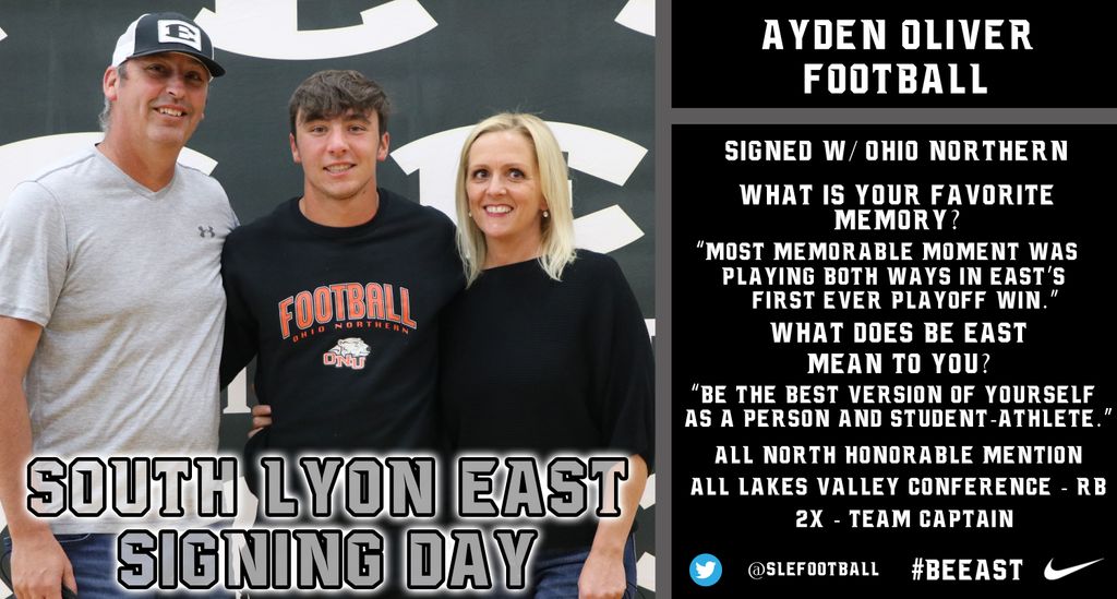 BeEast_Cougars's tweet photo. Ayden Oliver (@aydenoliver13) was truly all in on the football field ( @slefootball ), baseball diamond ( @SLEBaseball ), and in general overall at SLE. Ayden has signed with @OhioNorthernFB and will be headed down to play football this fall! #BeEAST #FEELTHEROAR https://t.co/R9ptHwfy6W
