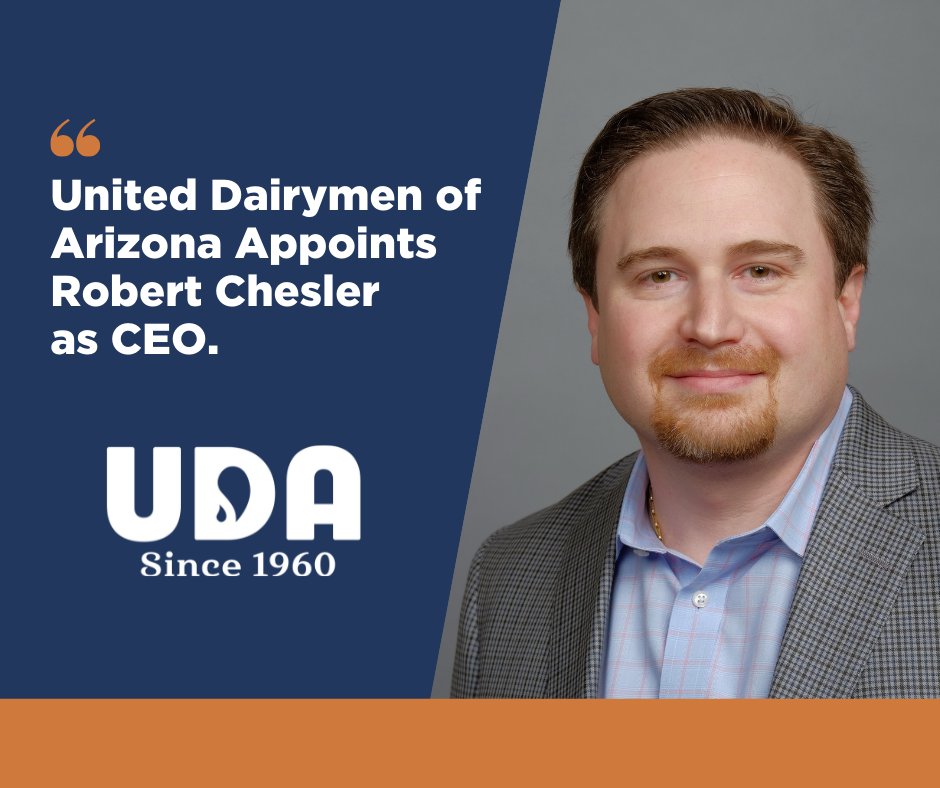 UDAMilk's tweet photo. United Dairymen of Arizona would like to welcome Robert Chesler as the new CEO our company. As only the fifth CEO in our 60-year history, we are excited to welcome him to the team! United Dairymen of Arizona Announces New CEO https://t.co/3azb0EBuhD
#UDAMilk https://t.co/DtCmIXdHJ9