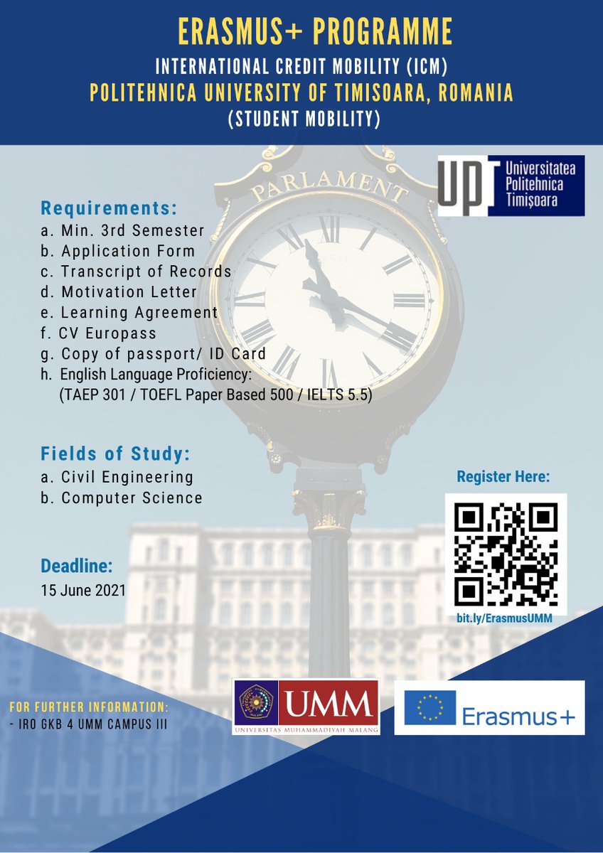 Bunã ziua!

Romania is calling!!!

Erasmus+ International Credit Mobility Programme at the Politehnica University of Timisoara is now open.

Please visit our website for further information (link in bio)

Goodluck and see you in Romania!!!!! 😉

#erasmusumm
#iroumm
#ummcampus