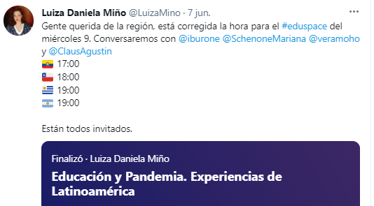 ClausAgustin's tweet photo. Interesante #eduspace organizado por @LuizaMino con @iburone @SchenoneMariana @veramoho para compartir e intercambiar experiencias de Educación en Pandemia en América Latina.

Compartir es la tarea!!! https://t.co/fOE14WW4Ke