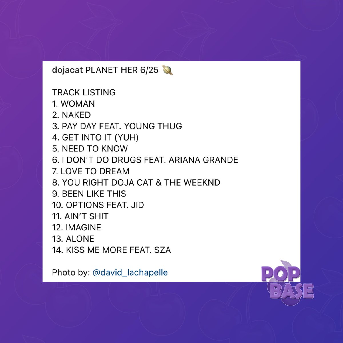 PopBase's tweet photo. 🚨| Doja Cat announces her album ‘Planet Her’ drops June 25th. 

It includes collaborations with Ariana Grande, The Weeknd, Young Thug &amp; more. https://t.co/tzsV64bg6H