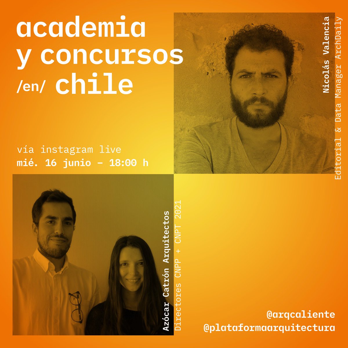 El próximo miércoles 16 de junio a las 18:00 hrs. súmate al IG Live ''Academia y Concursos en Chile'', donde estarán nuestros directores Ricardo Azócar y Carolina Catrón conversando junto a Nicolás Valencia de Plataforma Arquitectura ¡No te lo pierdas!
#CNPP2021 #CNPT2021 
@parq