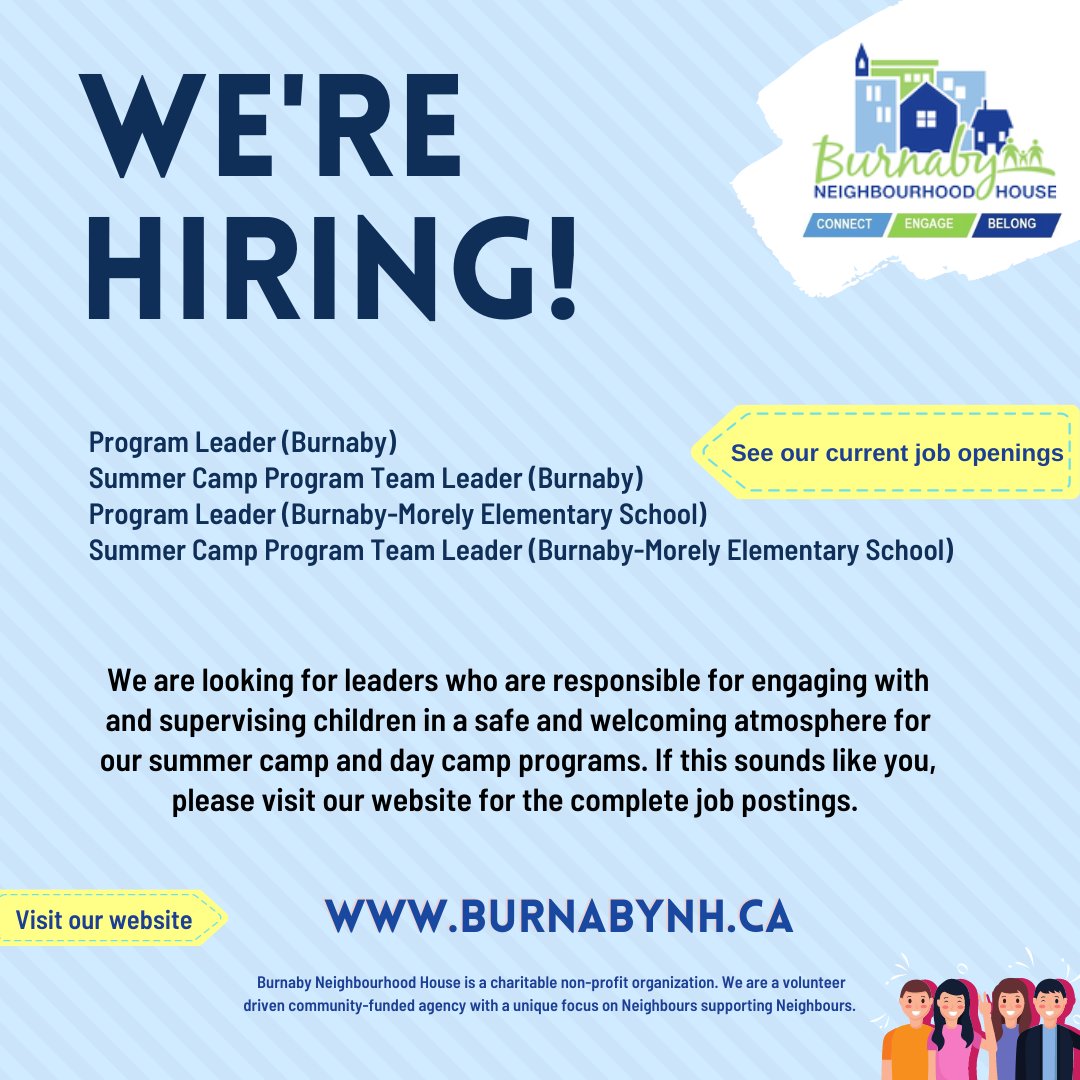 SBurnabyNH's tweet image. We are hiring #ProgramLeaders to manage our summer camp programs &amp;amp; services, and other exciting initiatives that engage school age children in #Burnaby!

Join our #BNH team today! For more details and to apply (before June 18th), visit our website: 👉burnabynh.ca/get-involved-e….