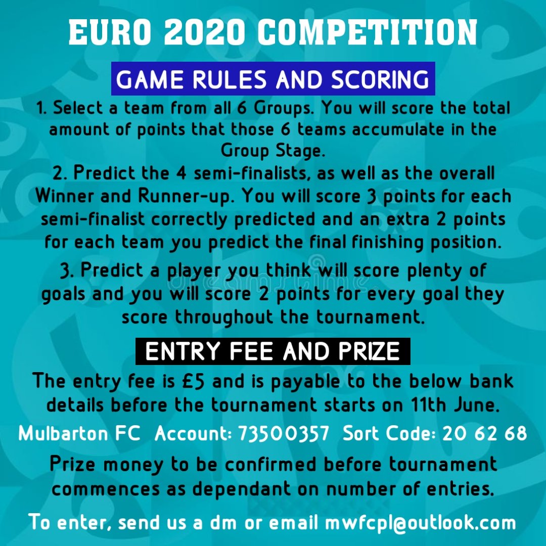 Get involved in our Euro 2020 Competition. £5 entry and the prize pot will be confirmed once all entries are received. Simple to play, rules in the picture attached Group A: Group B: Group C: Group D: Group E: Group F: Winner: Runner-Up: Semi Finalist: Semi Finalist: Goalscorer: